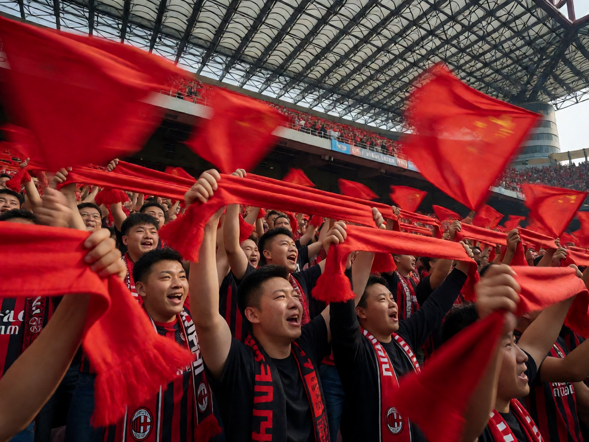 AC米兰球迷在圣西罗球场庆祝胜利，红色围巾飘扬的热烈场面